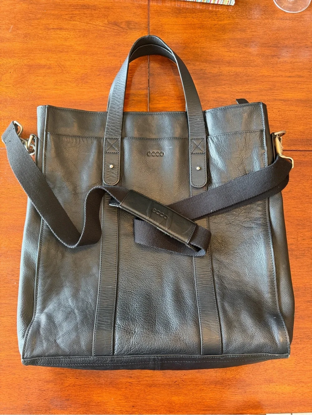 Ecco Black Leather Laptop Tote with Detachable Strap